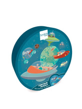 Load image into Gallery viewer, The outer box, which is round with a picture of the space scene on the front - various space ships and flying saucers with alien characters inside them, and planet earth in the background.