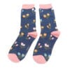 Load image into Gallery viewer, Pair of dark blue ladies bamboo socks with dainty floral design and pink trim
