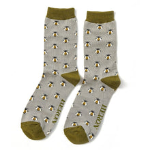 Load image into Gallery viewer, pair of Mr Heron mens bamboo socks with honey bee design. The socks are grey with a green trim.