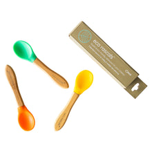 Load image into Gallery viewer, Set of 3 Bamboo and Silicone Spoons for Babies and Toddlers Children's Cutlery BambooBeautiful Ltd