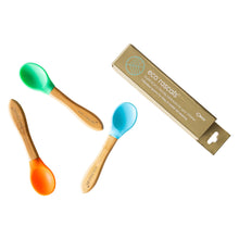 Load image into Gallery viewer, Set of 3 Bamboo and Silicone Spoons for Babies and Toddlers Children's Cutlery BambooBeautiful Ltd