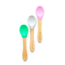 Load image into Gallery viewer, Set of 3 Bamboo and Silicone Spoons for Babies and Toddlers Children's Cutlery BambooBeautiful Ltd