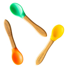 Load image into Gallery viewer, Set of 3 Bamboo and Silicone Spoons for Babies and Toddlers Children's Cutlery BambooBeautiful Ltd Green Orange Yellow