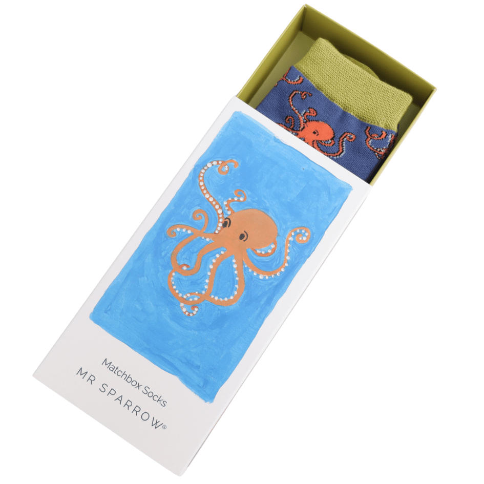 The box is half slid open, revealing the top of the pair of socks inside.