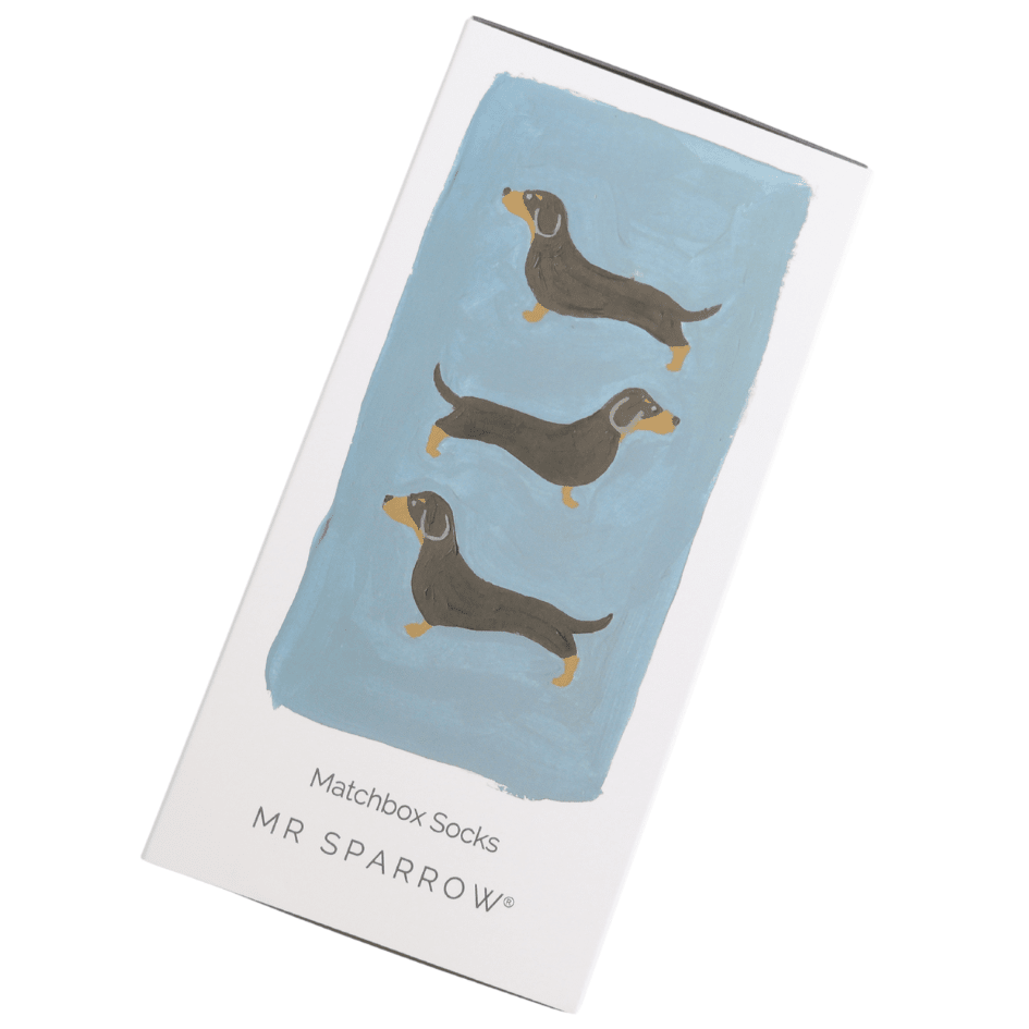 Pack of socks with dachshund design on a blue background, branded 'MR SPARROW'.