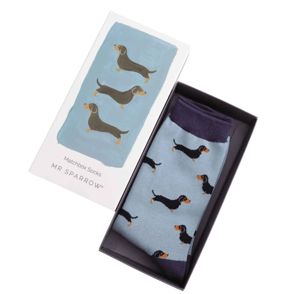 A pair of Mr. Sprrow matchbox socks in a dark box  featuring a light blue background with black dachshund dogs and darker cuffs. The lid is laid next to it and features 3 daschund dogs on a light blue background. The words Matchbox Socks, Mr Sparrow are underneath