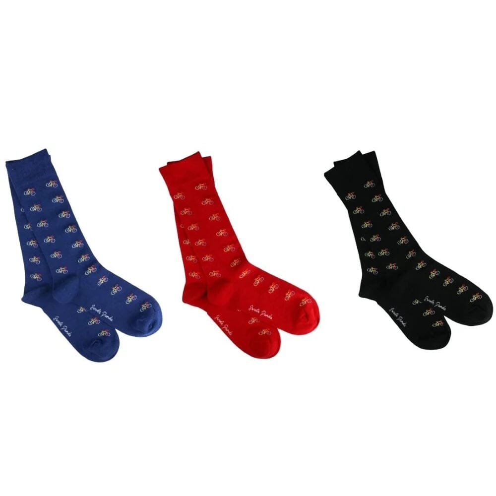 3 pairs of bamboo socks laida out on a white background.  There is a pair of blue socks, red and black and each pair has a repeated bicycle patten.