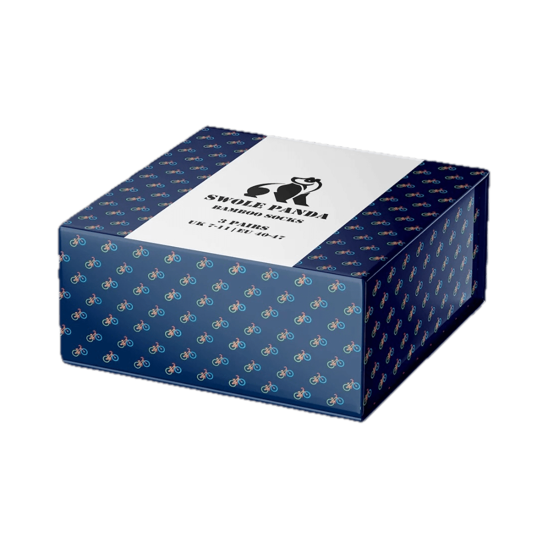 A blue closed Swole Panda gift box with a repeated bicycle pattern on it.