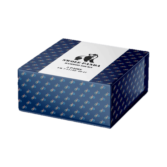 A blue closed Swole Panda gift box with a repeated bicycle pattern on it.