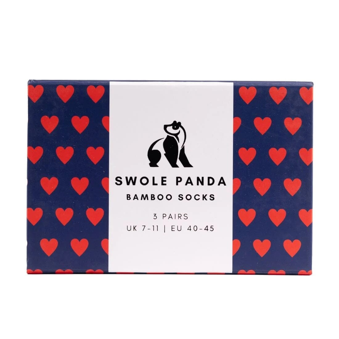 Box of Swole Panda bamboo socks with heart pattern
