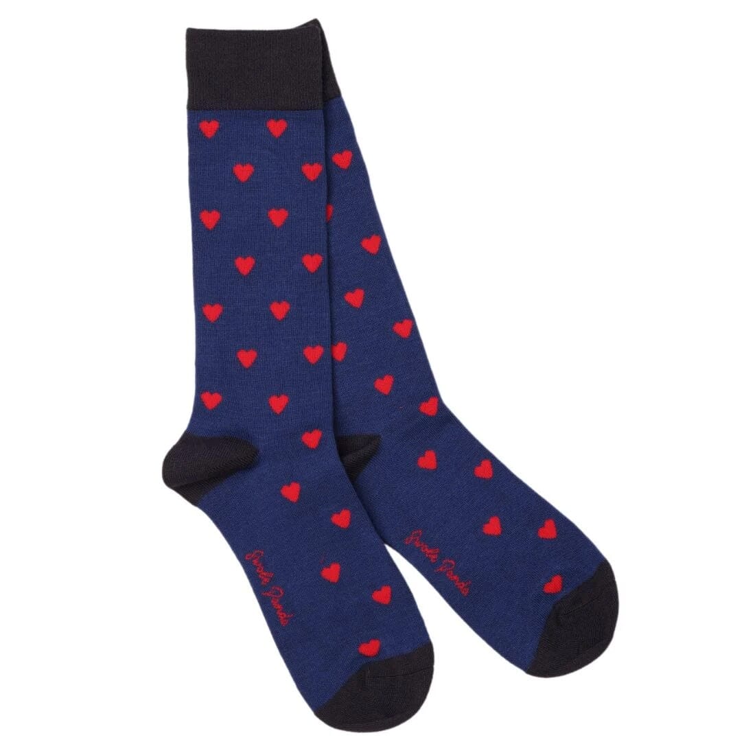 Blue socks with red heart patterns on a white background