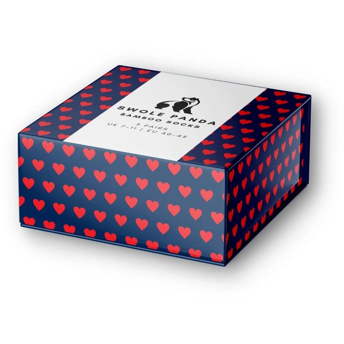 A square product box for Swole Panda Bamboo Socks, featuring a navy blue base patterned with red hearts and a white top label with black text and logo.