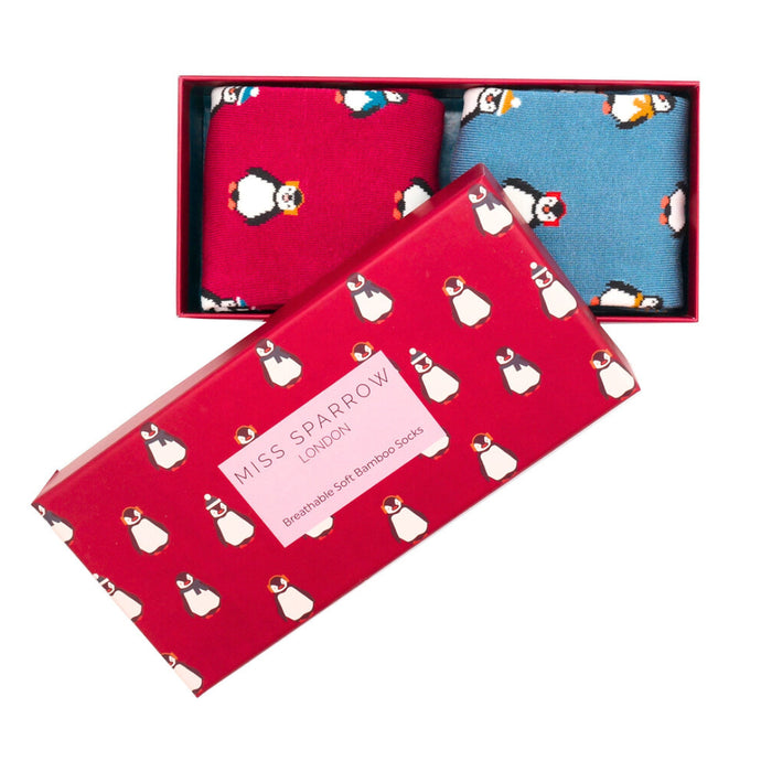 Miss Sparrow Ladies Bamboo Socks In a Box - Christmas Baby Penguin