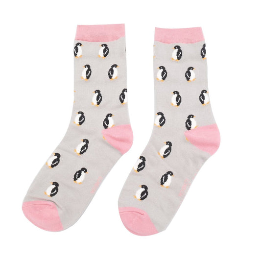 Grey Bamboo Socks with penguin pattern and pink accents on a white background