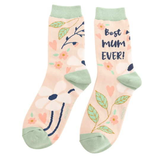 a pair of bamboo socks with a flower design and the words Best Mum