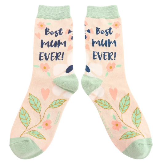 Pair of socks with 'Best Mum Ever!' text and floral design on a white background