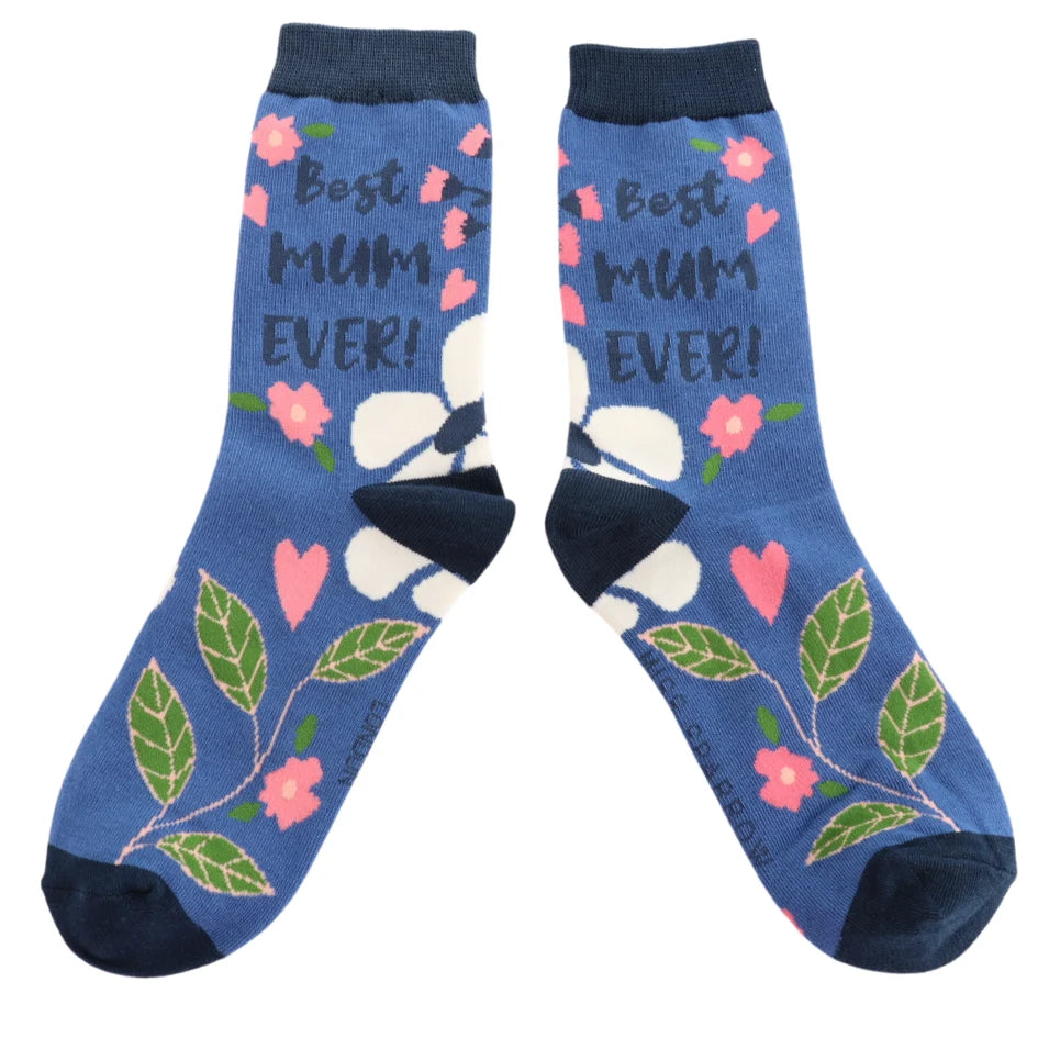 Denim Blue socks with floral patterns and the words 'Best Mum Ever!' 