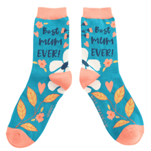 Load image into Gallery viewer, Pair of blue socks with floral designs and the words  &#39;Best Mum Ever!&#39; 