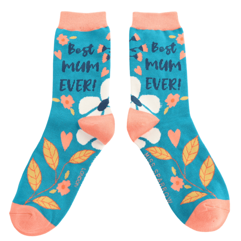 Pair of blue socks with floral designs and the words  'Best Mum Ever!' 