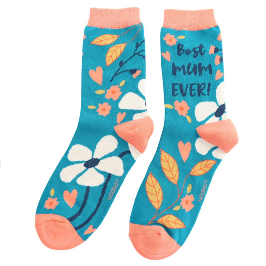 Pair of socks with floral design and the words 'Best Mum Ever!' 