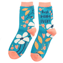 Load image into Gallery viewer, Pair of socks with floral design and the words &#39;Best Mum Ever!&#39; 