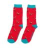 pair of red socks with light blue trim with pheasant design