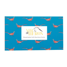Load image into Gallery viewer, Blue box with the Mr Heron logo on it and the words Breathable Soft Bamboo Socks. The box has pheasants on it