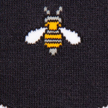 Load image into Gallery viewer, Close-up of a black knit sock featuring a knitted bumblebee design in yellow, black, and white.