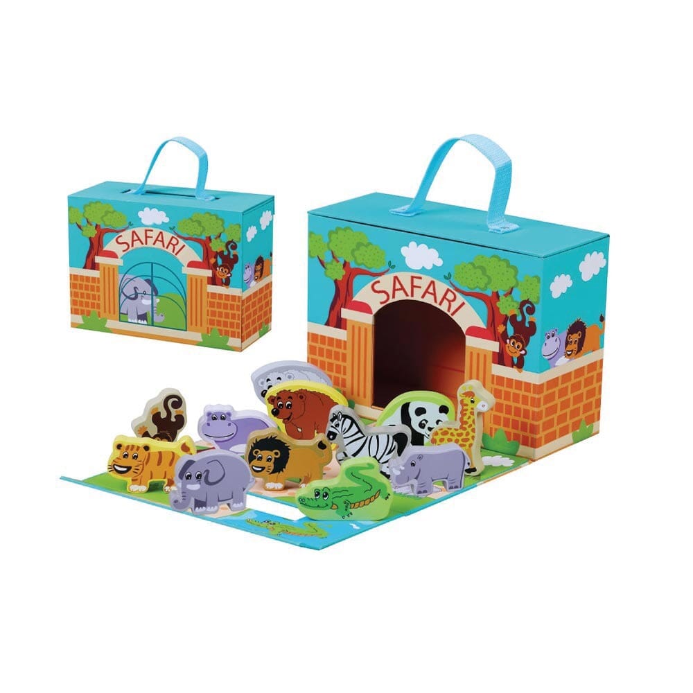 A colourful box with a safari scene on it. The box is open and there are wooden animal safari characters such as a giraffe, lion, hippo and elephant laid out.  