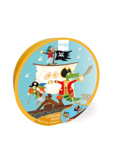 Load image into Gallery viewer, A round box containing a pirate jigsaw puzzle for children age 4+. The box has the jigsaw design on the front which is a pirate ship with 3 animal pirate characters. 