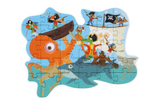 Load image into Gallery viewer, Completed pirate jigsaw puzzle.  There is an octopus and various animal pirate charaters including a crocodile and a parrot dressed as pirates. The shape of the jigsaw is irregular rather than square or rectangle