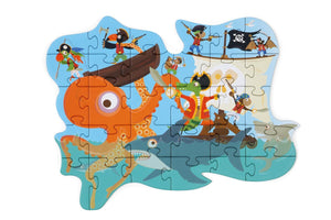 Completed pirate jigsaw puzzle.  There is an octopus and various animal pirate charaters including a crocodile and a parrot dressed as pirates. The shape of the jigsaw is irregular rather than square or rectangle
