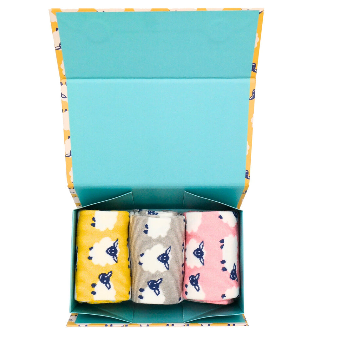 Miss Sparrow Ladies Bamboo Socks In a Box Happy Sheep