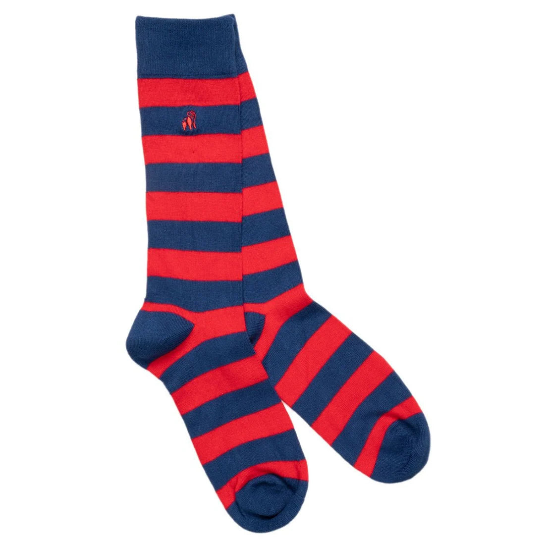 Red and blue striped sock on a white background