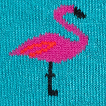 Load image into Gallery viewer, Close up of pink flamingo on a blue fabric background