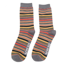 Load image into Gallery viewer, Pair of mens Mr Heron bamboo socks with grey trim and stripes in yellow, orange, black, yellow and grey