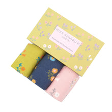 Load image into Gallery viewer, 3 pairs of ladies bamboo socks in a box with dainty floral design. Each pair is a different colour - yellow, dark blue and pink. 