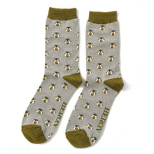 Load image into Gallery viewer, pair of Mr Heron mens bamboo socks with honey bee design. The socks are grey with a green trim. 