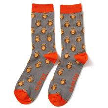 Load image into Gallery viewer, A pair of mens Mr Heron bamboo socks in grey with orange trim and owl design on them 