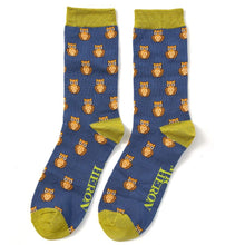 Load image into Gallery viewer, A pair of mens Mr Heron Bamboo Socks in Blue with green trim and an owl design on them