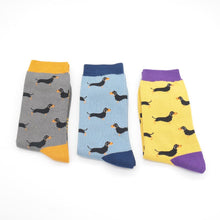 Load image into Gallery viewer, 3 pairs of bamboo socks, with sausage dogs on them.  One pair of socks is grey with yellow trim, one blue with dark blue trim and one yellow with purple trim