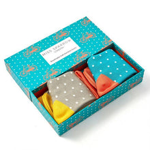 Load image into Gallery viewer, 2 pairs of Miss Sparrow Bamboo socks presented in a box.  One pair of socks is grey with yellow trim, the other blue with orange trim. Both pairs have spots on and a bike design 