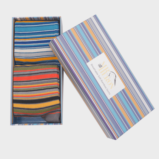 A Mr Heron stripy box with the lid off so you can see 2 pairs of stripy bamboo mens socks inside 