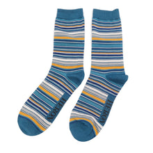 Load image into Gallery viewer, Pair of Mens Mr Heron Socks with blue trim and stripes in grey, white, light blue, dark blue and yellow