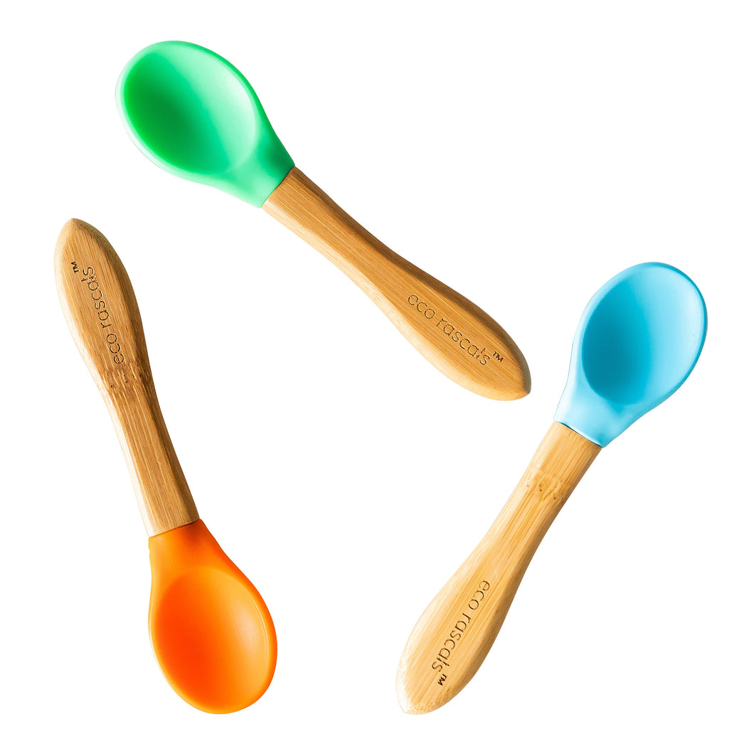 Set of 3 Bamboo and Silicone Spoons for Babies and Toddlers Children's Cutlery BambooBeautiful Ltd Blue Green Orange 