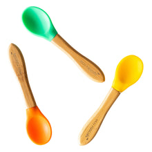 Load image into Gallery viewer, Set of 3 Bamboo and Silicone Spoons for Babies and Toddlers Children&#39;s Cutlery BambooBeautiful Ltd Green Orange Yellow 