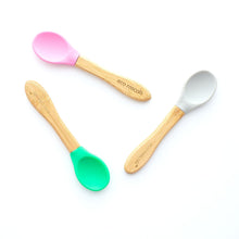 Load image into Gallery viewer, Set of 3 Bamboo and Silicone Spoons for Babies and Toddlers Children&#39;s Cutlery BambooBeautiful Ltd Green Pink Grey 