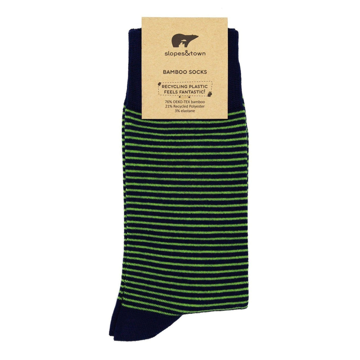 Slopes and Town Bamboo Socks - Blue with Green Stripes BambooBeautiful Ltd 
